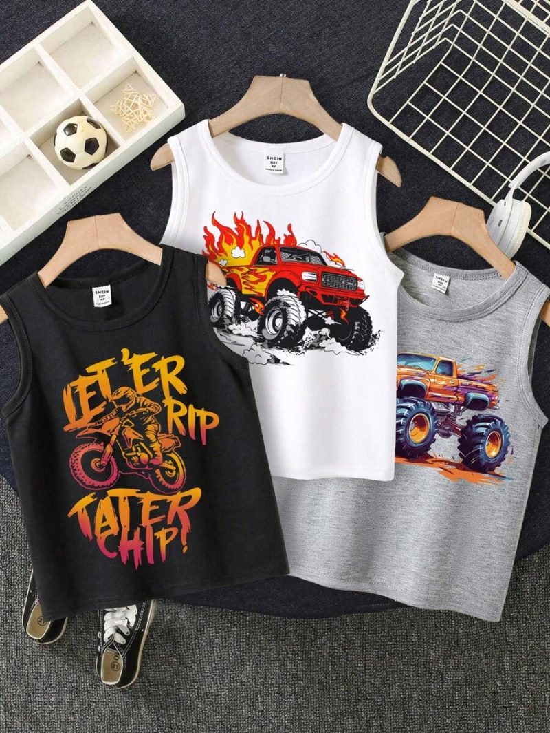 Pack of 3 Monster Truck Chip Kids Printed Tank Tops