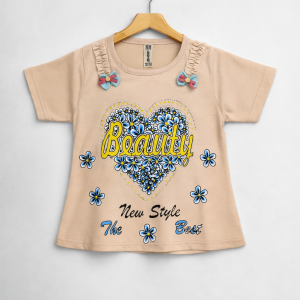 Beauty Heart Printed Beige T-Shirt for Girls