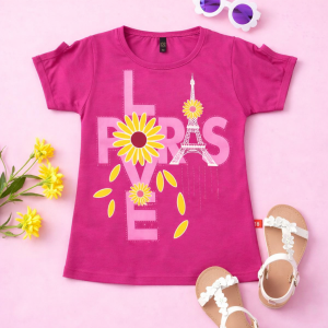Paris Love Printed Pink T-Shirt for Girls
