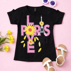 Paris Love Printed Black T-Shirt for Girls