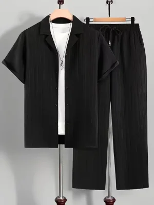 Men Black Color Textured Short-sleeve Shirt and Trouser Set