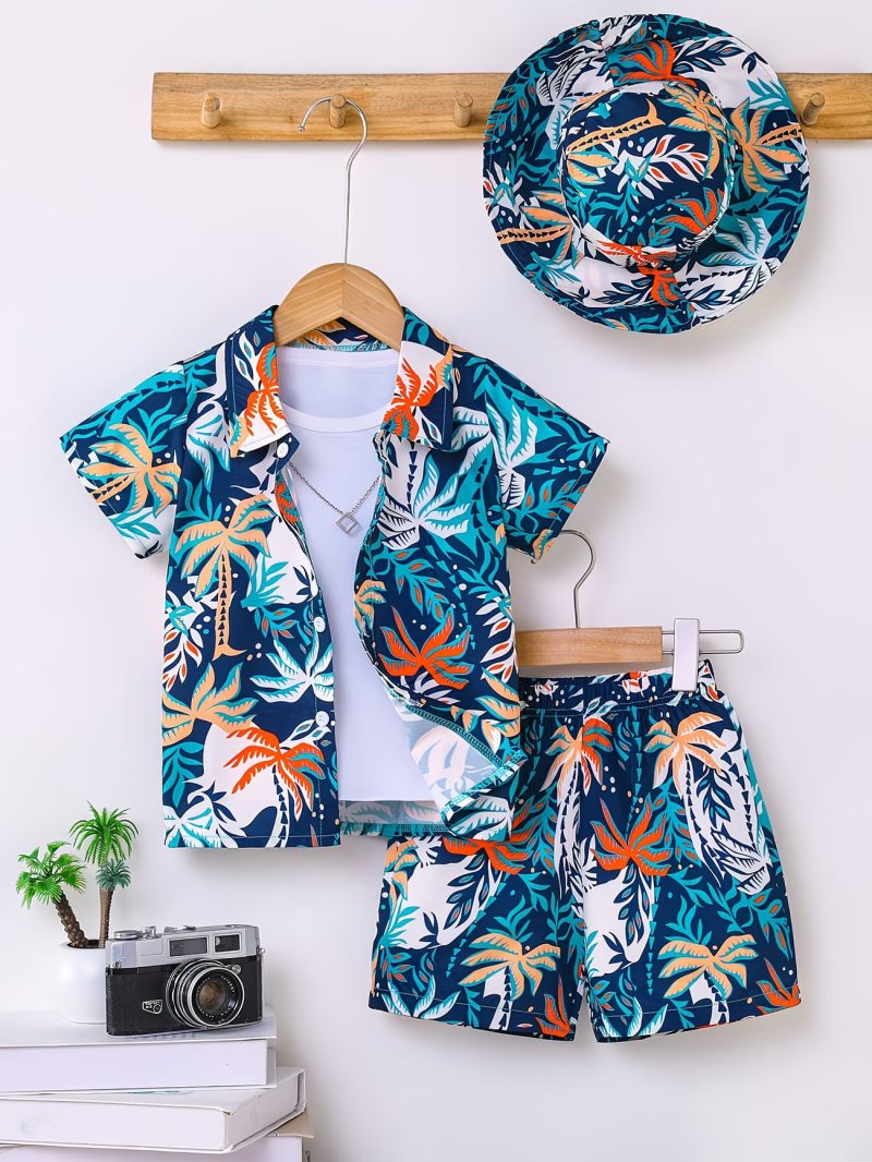 Palm Paradise Beachwear Short Sleeve Shirt And Shorts Set For Kids