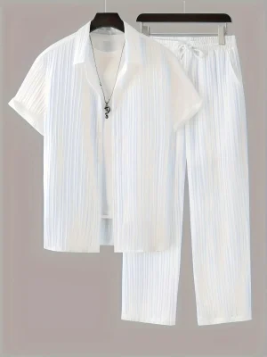 Men White Color Textured Short-sleeve Shirt and Trouser Set