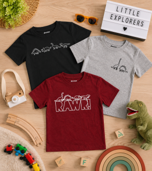 Pack of 3 Dino Rawr Printed T-Shirts For Boys
