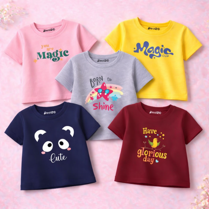 Pack of 5 Cute Magic Day Printed T-shirts for Girls Pack of 5 Cute Magic Day Printed T-shirts for Girls
