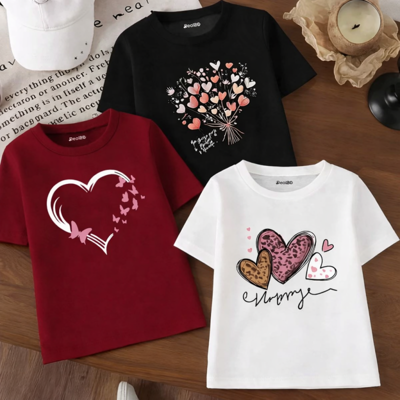 Pack of 3 Hearts Bucket Printed T-shirts for Girls Pack of 3 Hearts Bucket Printed T-shirts for Girls