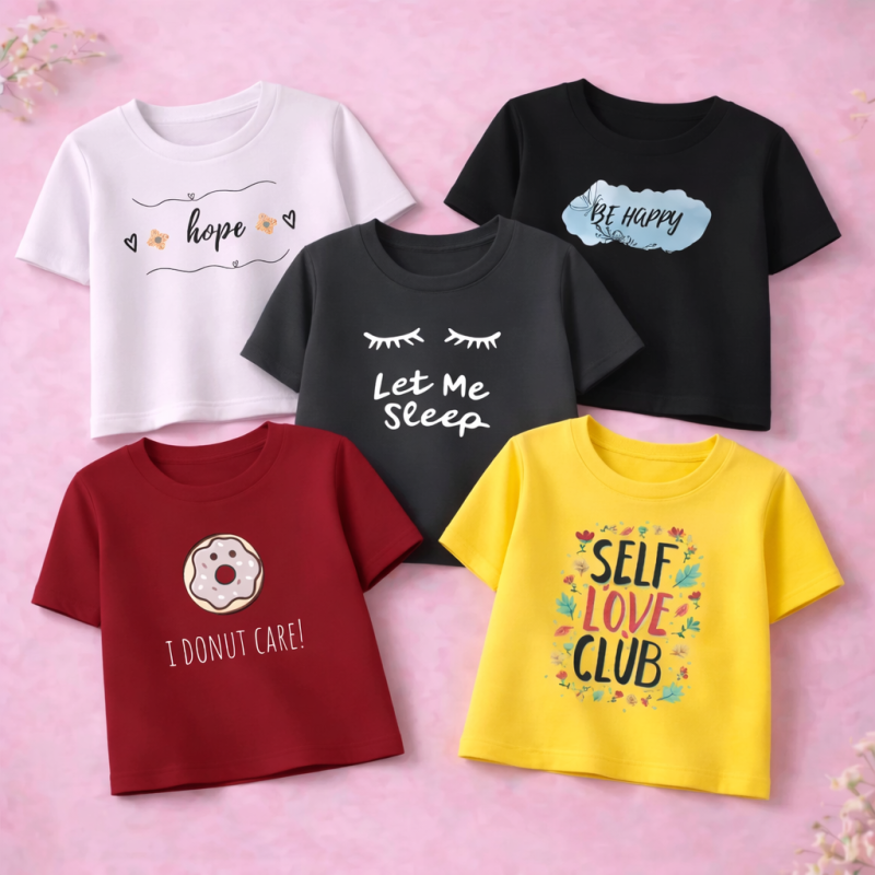 Pack of 5 Hope Care Sleep Printed T-shirts for Girls Pack of 5 Hope Care Sleep Printed T-shirts for Girls