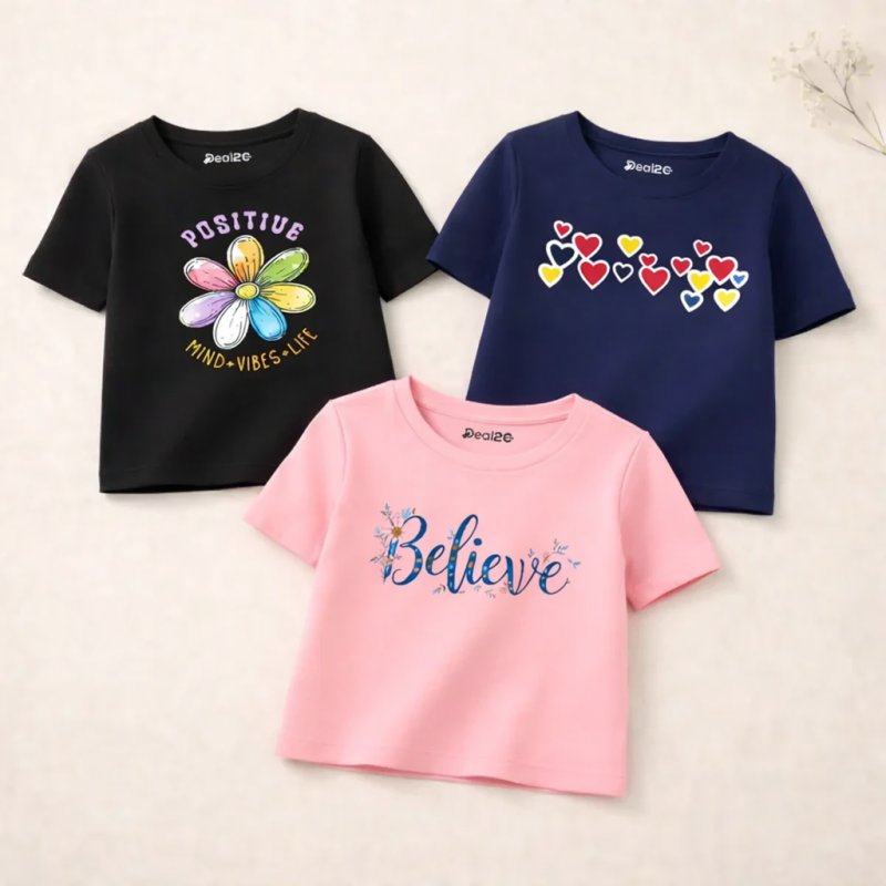 Pack of 3 Positive Believe Printed T-shirts for Girls Pack of 3 Positive Believe Printed T-shirts for Girls