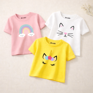 Pack of 3 Unicorn Cute Meow Printed T-shirts for Girls