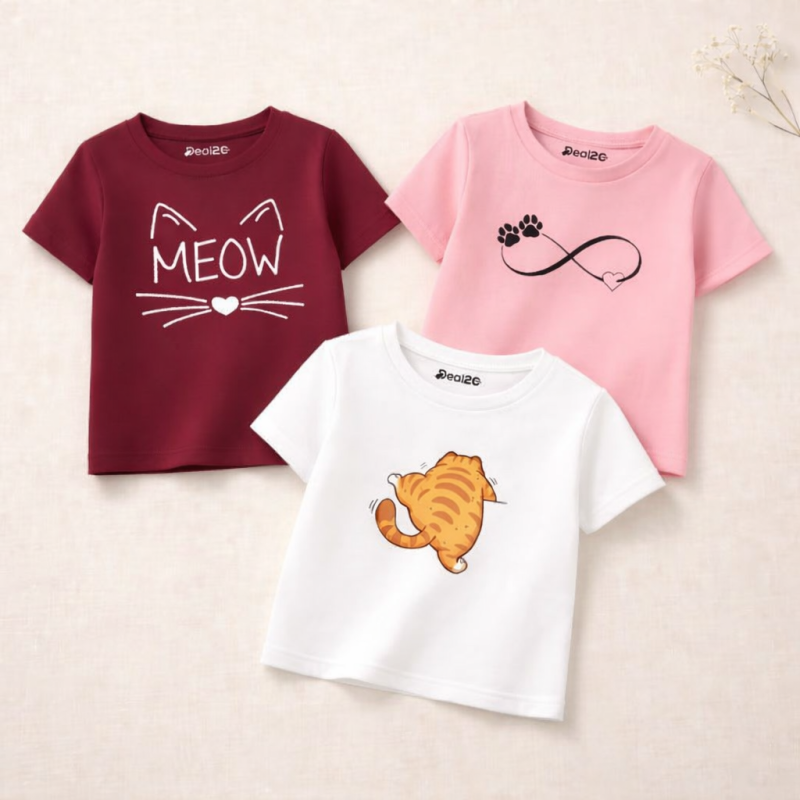 Pack of 3 Kitty Paw Printed T-shirts for Girls Pack of 3 Kitty Paw Printed T-shirts for Girls