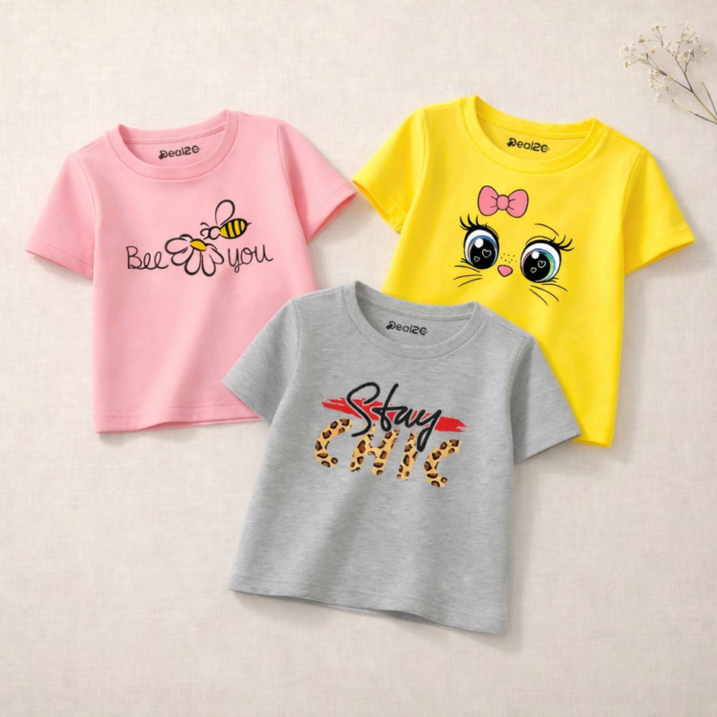 Pack of 3 Stay Chic Eyes Printed T-shirts for Girls Pack of 3 Stay Chic Eyes Printed T-shirts for Girls