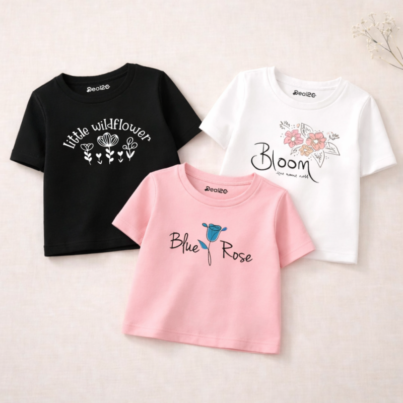 Pack of 3 Bloom Wild Flower Printed T-shirts for Girls