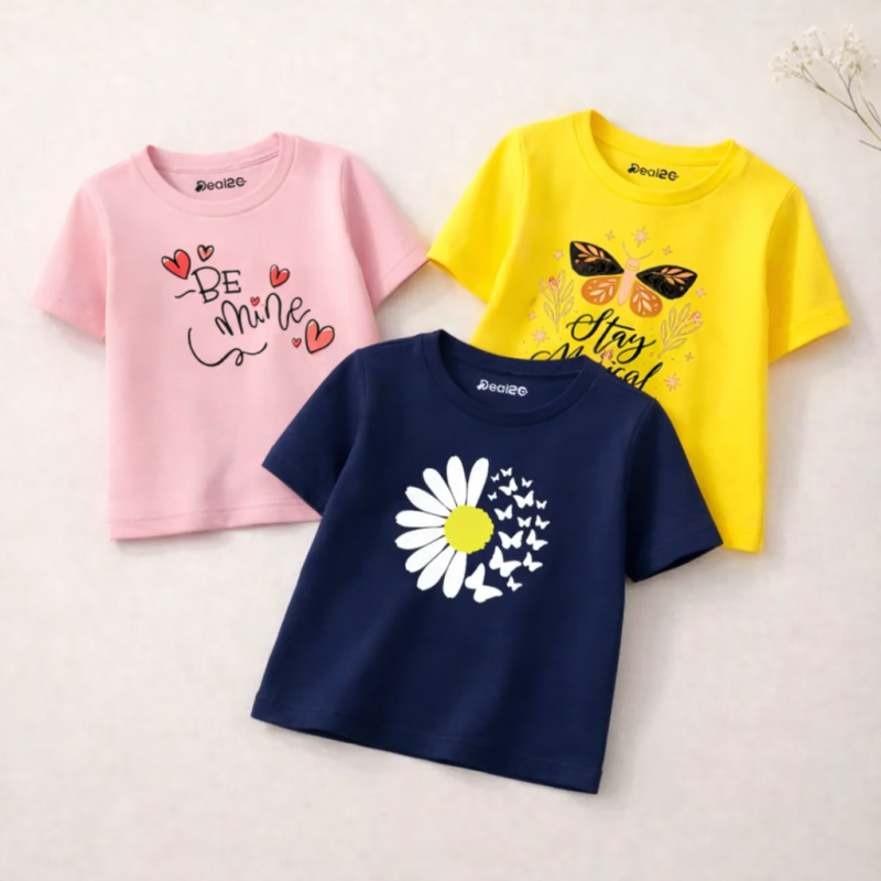 Pack of 3 Be Mine Flower Printed T-shirts for Girls Pack of 3 Be Mine Flower Printed T-shirts for Girls
