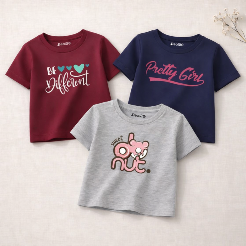 Pack of 3 Pretty Donut Printed T-shirts for Girls Pack of 3 Pretty Donut Printed T-shirts for Girls