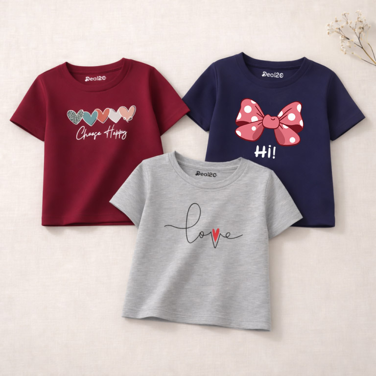 Pack of 3 Choose Happy Love Printed T-shirts for Girls Pack of 3 Choose Happy Love Printed T-shirts for Girls
