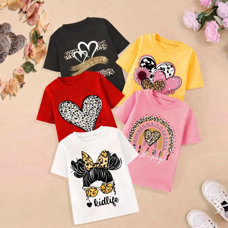 Pack of 5 Kidlife Heart Printed T-shirts for Girls