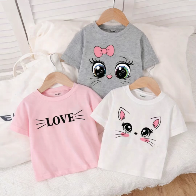 Pack of 3 Love Cat Eyes Printed T-shirts for Girls