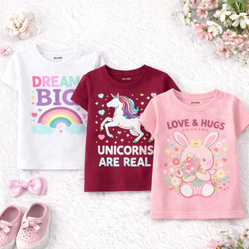Pack of 3 Dream Big Love Printed T-shirts for Girls