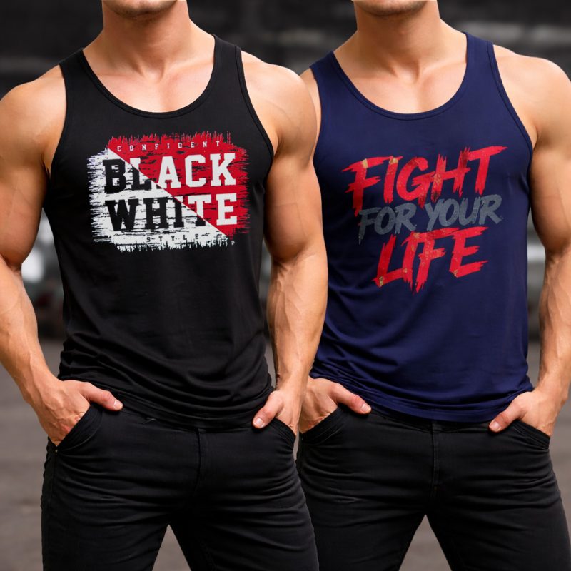 Pack of 2 Black Fight For Your Life Printed Tank Tops Set For Mens Pack of 2 Black Fight For Your Life Printed Tank Tops Set For Mens