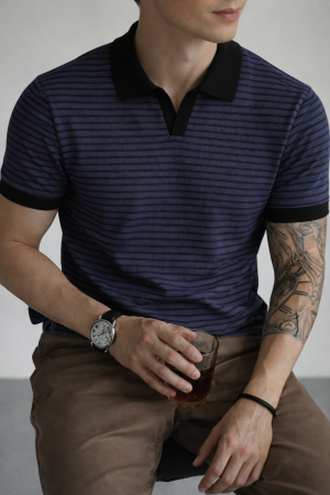 Modern Navy Blue Striped Polo T-Shirt For Mens