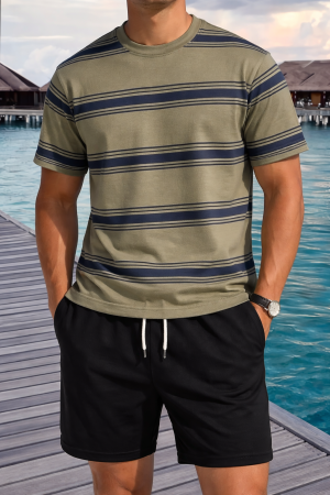 Classic Olive Navy Striped Casual T-Shirt For Mens