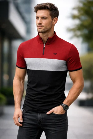 Maroon Edge Quarter Zip Polo Shirt For Mens