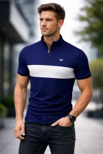 Navy Blue Quarter Zip Polo Shirt For Mens