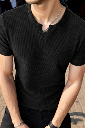 Waffle Knit Black T-Shirt For Mens