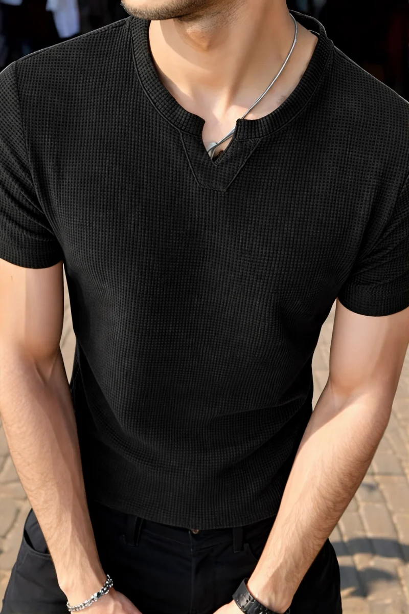 Waffle Knit Black T-Shirt For Mens