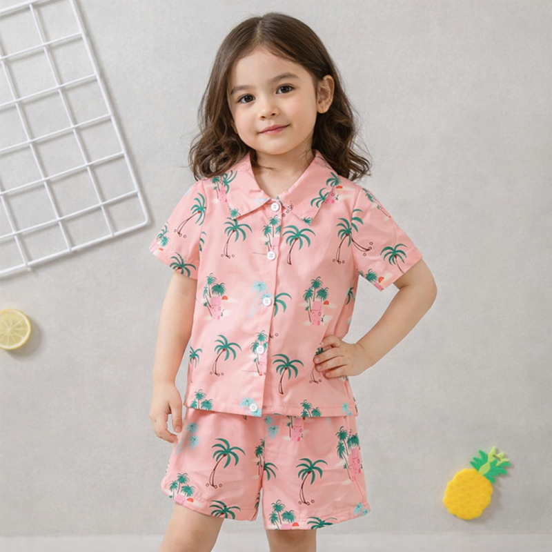 Kids Pink Beach Vibes Tree Printed Summer Short Suit Kids Pink Beach Vibes Tree Printed Summer Short Suit