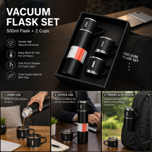 Vacuum Flask Set – Stainless Steel Flask with 2 Cups