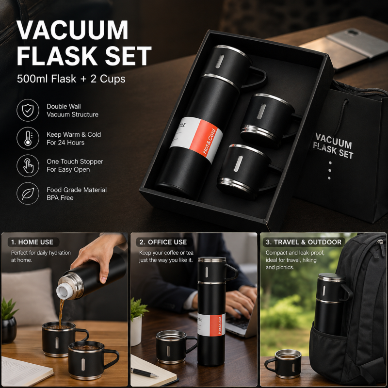 Vacuum Flask Set – Stainless Steel Flask with 2 Cups