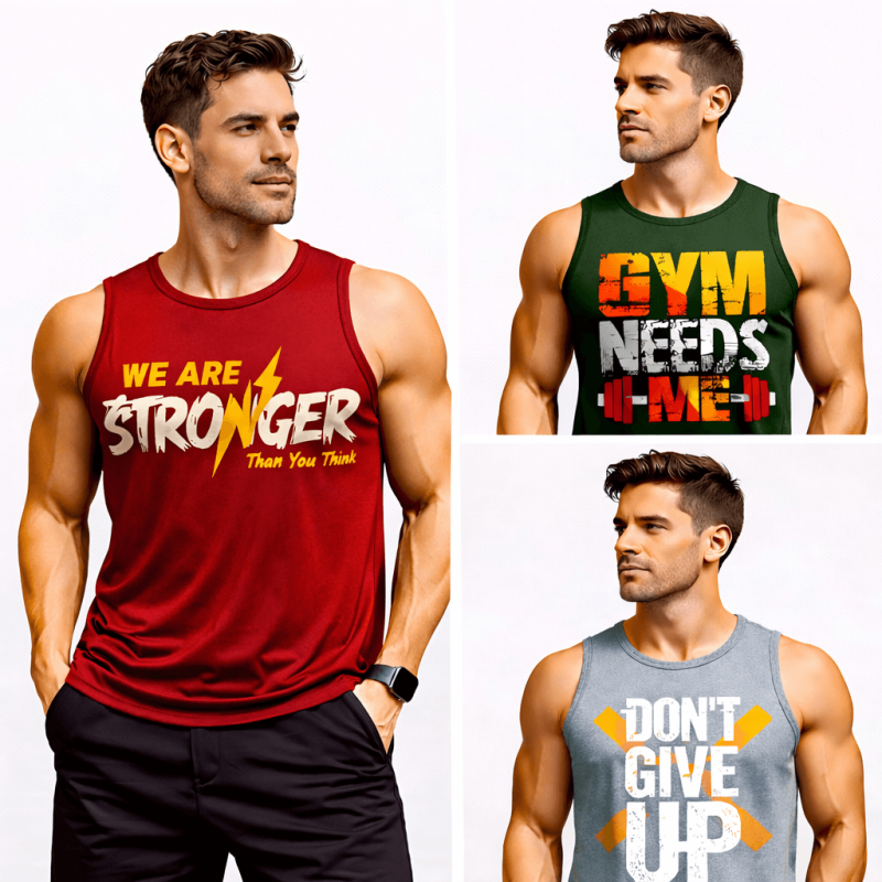 Pack of 3 Stronger GYM Give Up Printed Tank Tops For Men