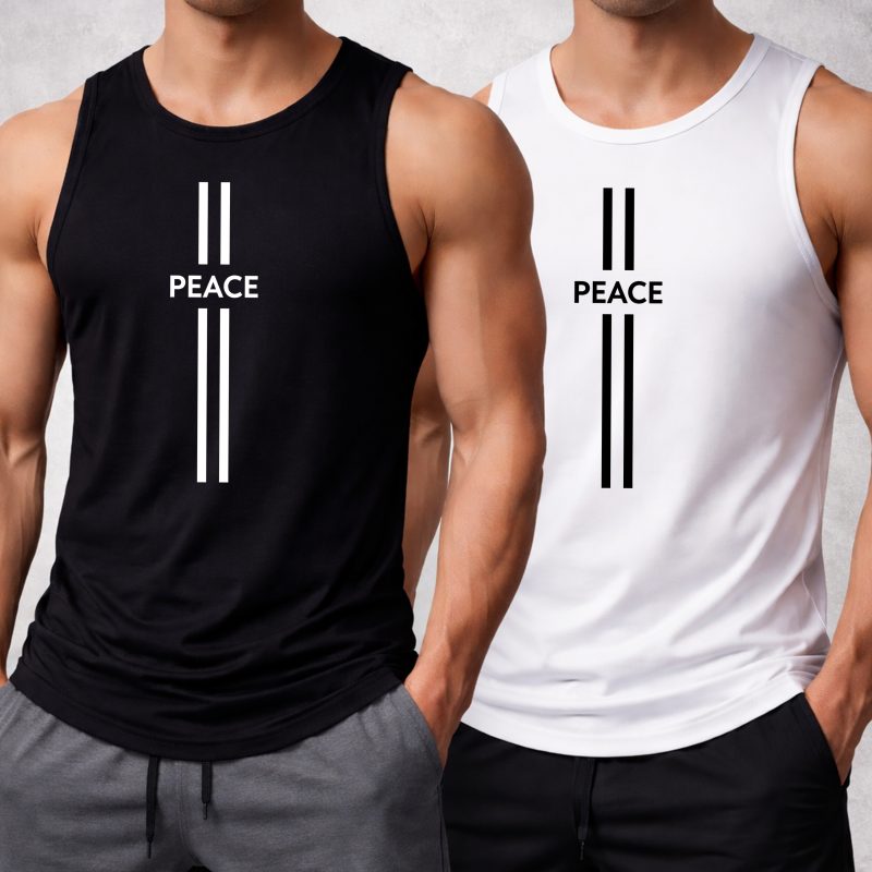 Pack of 2 BW Stripe Peace Printed Tank Tops For Men