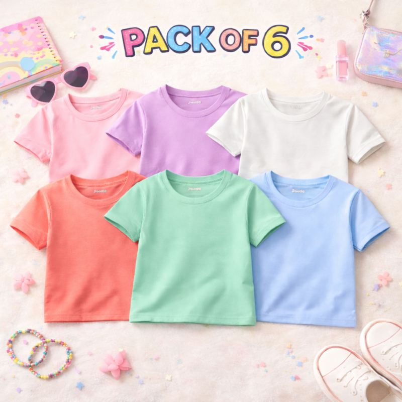 Bundle of 6 Minimal Style Colorful Summer T-Shirts For Girls