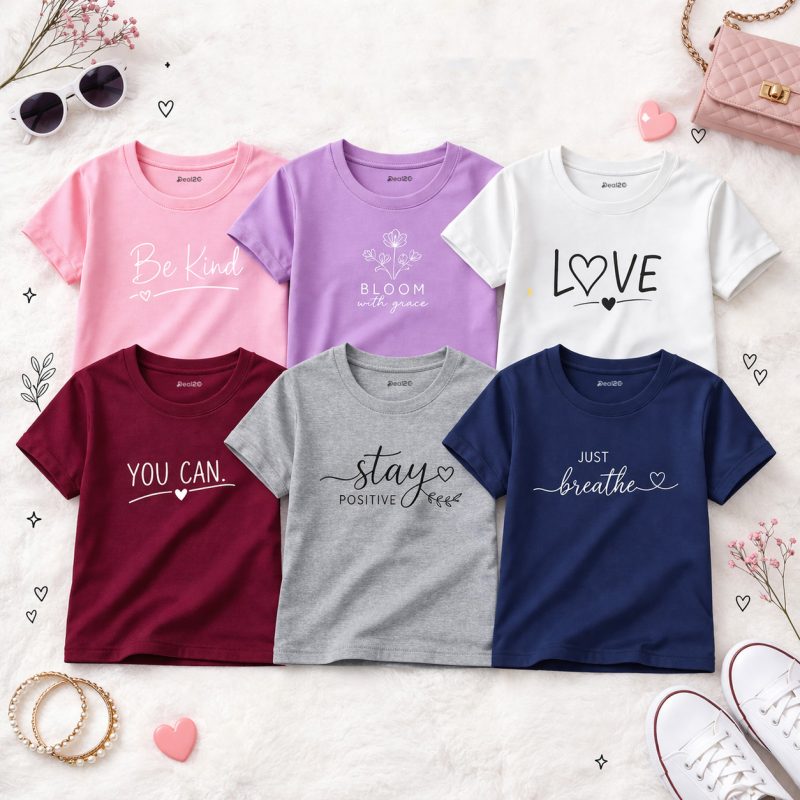 Pack of 6 Stay Kind Breathe Love Printed T-shirts for Girls Pack of 6 Stay Kind Breathe Love Printed T-shirts for Girls