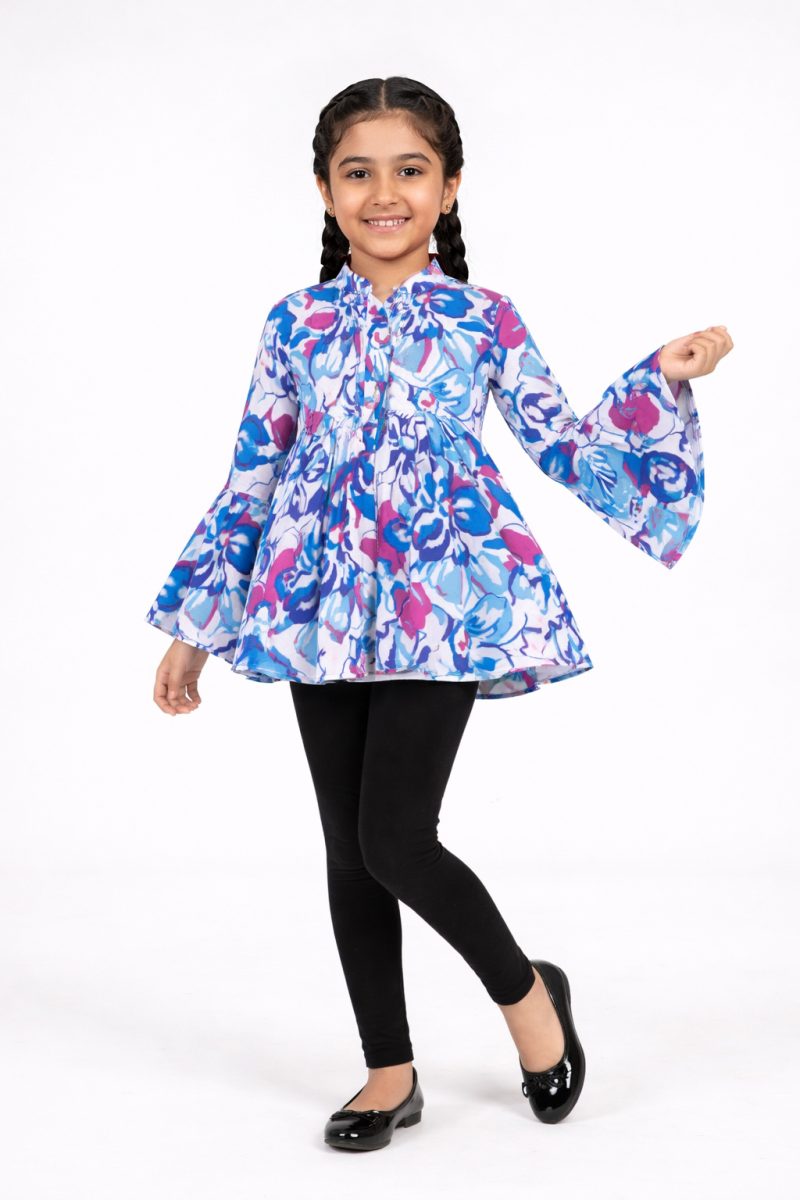Blue Floral Printed Peplum Top for Girls