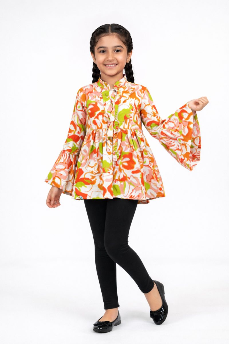 Orange Floral Printed Peplum Top for Girls