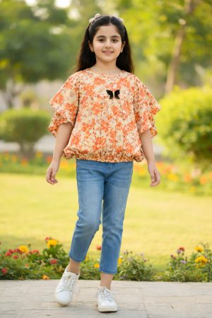 Floral Breeze Printed Orange Peplum Top for Girls