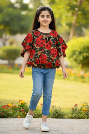 Rose Bloom Printed Black Peplum Top for Girls