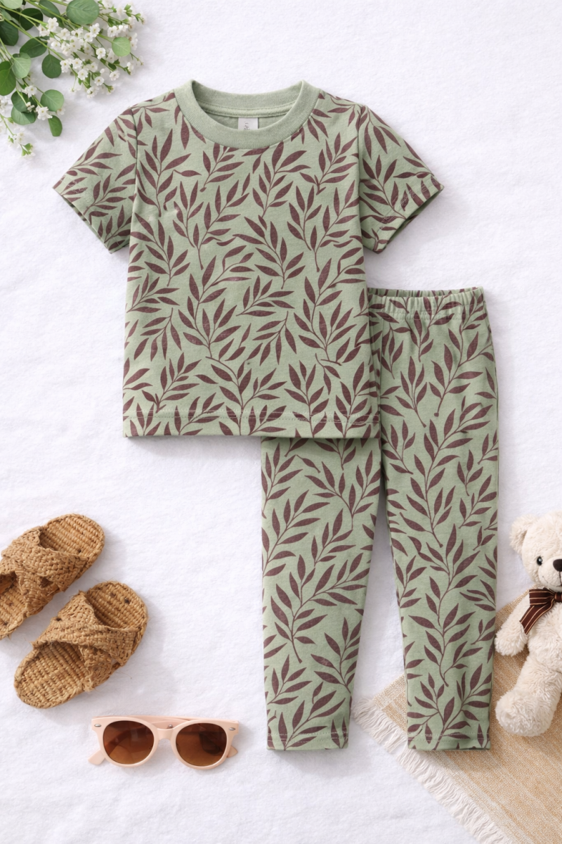 Nature Leaf Print Summer Trouser Suit For Girls Nature Leaf Print Summer Trouser Suit For Girls