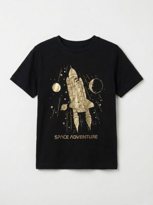 Space Adventure Printed Black T-shirt for Boys