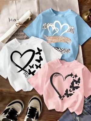 Pack of 3 Butterfly Love Heart Printed T-shirts for Girls