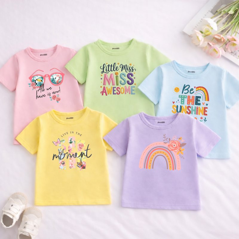 Pack of 5 Miss Sunshine Rainbow Moment Printed T-shirts for Girls Pack of 5 Miss Sunshine Rainbow Moment Printed T-shirts for Girls