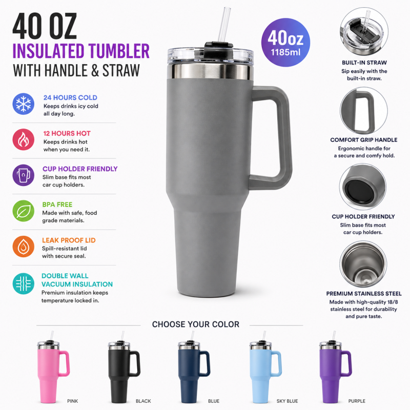 40oz Stainless Steel Tumbler – Insulated with Straw