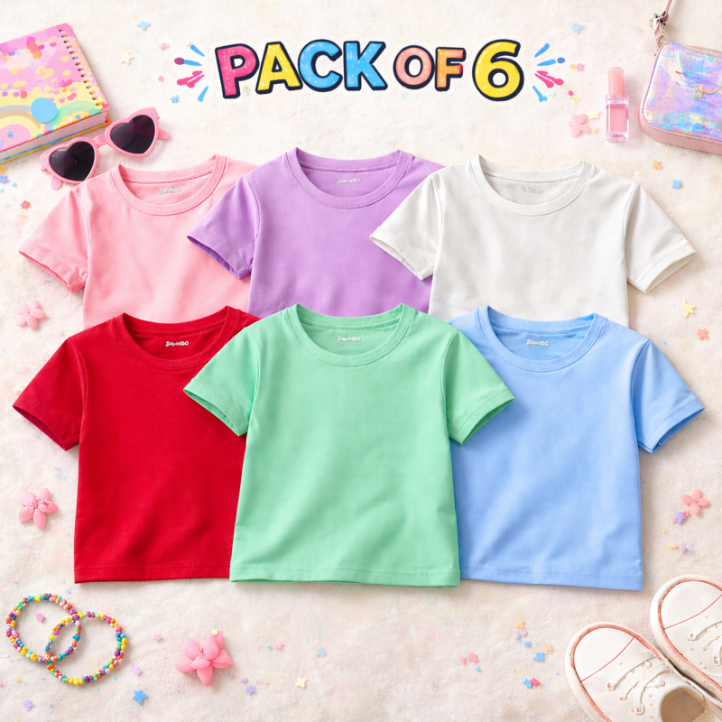 Bundle of 6 Minimal Style Colorful Summer T-Shirts For Girls