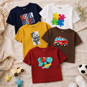 Pack of 5 Cool Fire Puzzle Printed T-Shirts For Boys