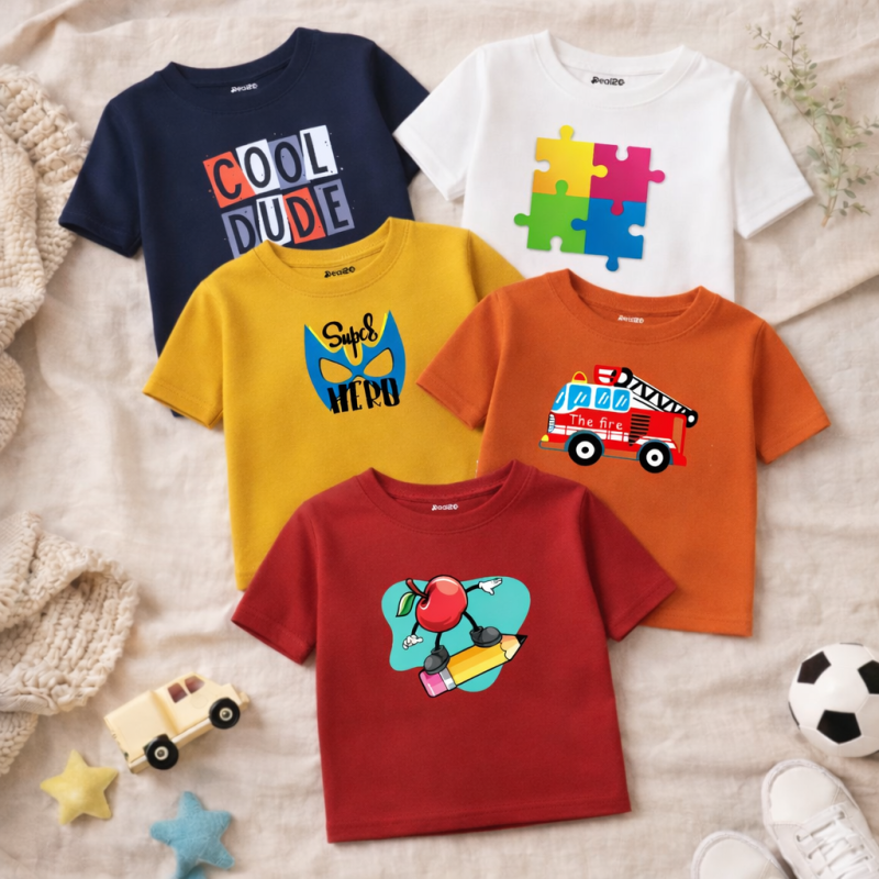 Pack of 5 Cool Fire Puzzle Printed T-Shirts For Boys