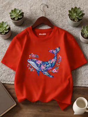Floral Wave Whale Red Tee Printed T-shirt for Girls