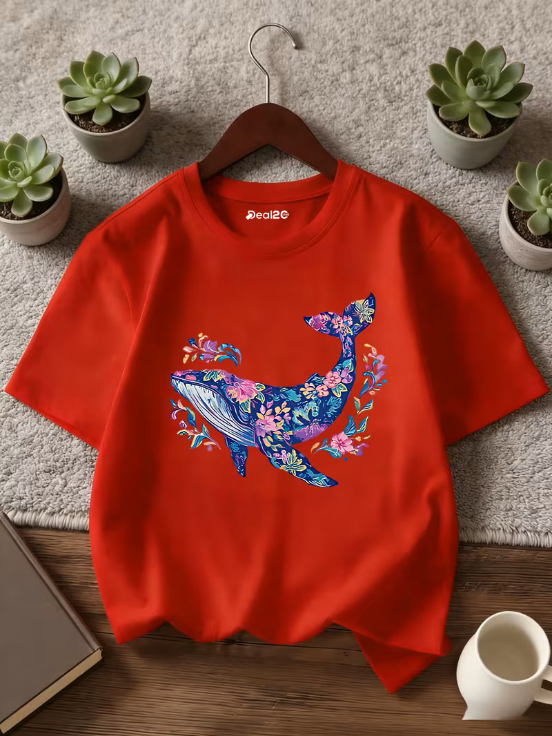 Floral Wave Whale Red Tee Printed T-shirt for Girls Floral Wave Whale Red Tee Printed T-shirt for Girls